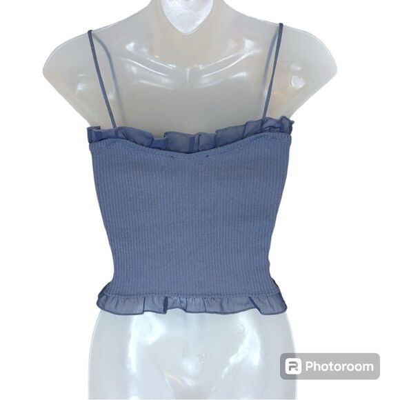 SHEIN Unity Lace Up Knot Mesh Frill Trim Rib-Knit Top Size Medium - Picture 3 of 9